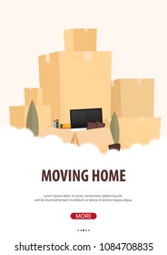 Moving Home, We are moved. Moving Truck with Boxes. Vector cartoon style illustration