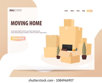 Moving Home, We are moved. Moving Truck with Boxes. Vector cartoon style illustration. UI or landing page