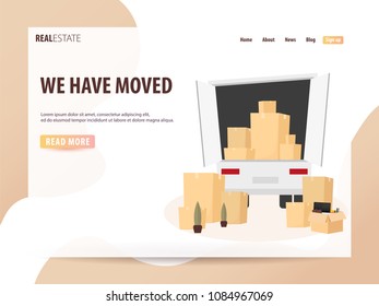 Moving Home, We are moved. Moving Truck with Boxes. Vector cartoon style illustration. UI or landing page