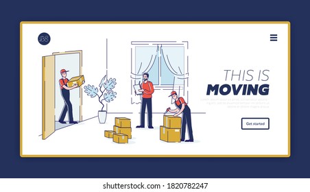 Moving house company landing page with workers unloading boxes during home relocation. Apartment move, delivery and shipment concept. Cartoon linear vector illustration