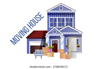Moving house concept with blue vintage building, furniture, boxes, house plant, refrigerator. Shipping service illustration in flat style isolated on white. Buy new apartment background