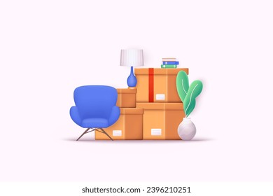 Moving house concept. Box and house furniture. 3D Web Vector Illustrations.