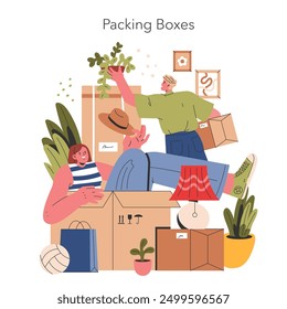 Moving House concept. A colorful scene of people packing various items into boxes, reflecting the busy process of relocation. Organizing belongings for a new start. Vector illustration.