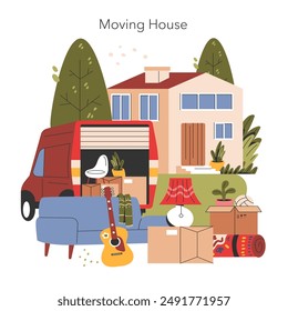 Moving House concept. A cozy home with belongings packed for relocation, including a van and furniture. Residential transition and new beginnings. Vector illustration.