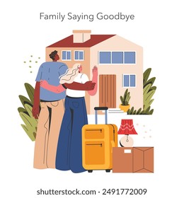 Moving house concept. An emotional moment as a family bids farewell outside their home, ready to embark on a new journey. Vector illustration.