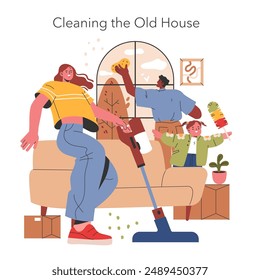 Moving House concept. Family participates in cleaning the old home together before moving. A dynamic routine of housekeeping and preparing for relocation. Vector illustration.