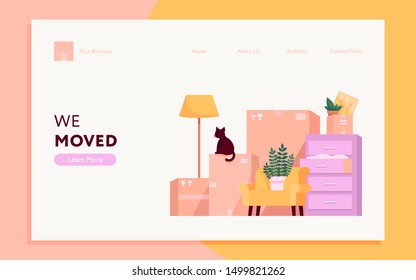 Moving house concept illustration for web and banners. Pile of boxes and personal items on white background. Beautiful landing page template.