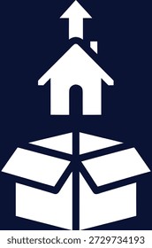 Concepto de casa móvil con caja abierta e ícono del hogar, Ilustración vectorial minimalista, estilo de semitono para servicios de reubicación y bienes raíces
