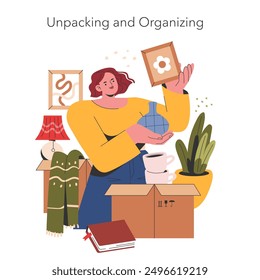 Moving House concept. A person joyfully unpacking belongings and setting up a cozy space. Home transition, new beginnings, and the excitement of decor. Vector illustration.