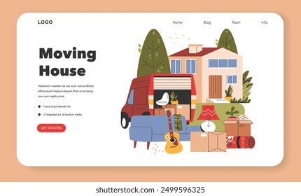 Moving House concept. Relocation process with packed items and furniture into moving van outside a home. Transition and new beginnings. Vector illustration.