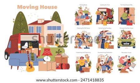 Moving House concept. Transition from packing, cleaning, and farewells to a new home celebration and renovation. Stages of relocation in colorful vignettes. Vector illustration.
