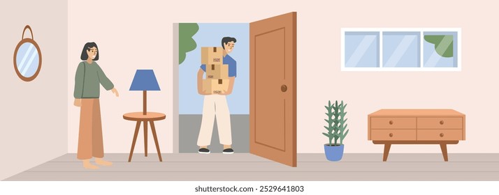 Moving house delivery service. Postman delivering package. House delivery. Family house. Online shop delivery. Furniture delivery.