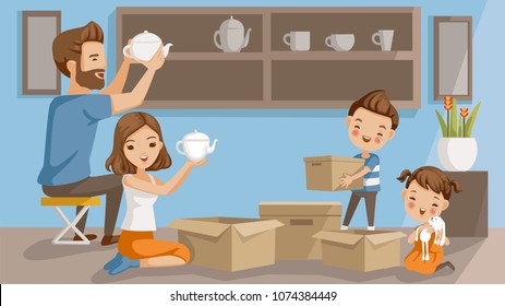 Moving house family. Men arranged of ceramics. Woman opening a teapot box. boy holding a box. girl embracing a doll. They are decorating the shelves in the living room. concept of a happy family home.