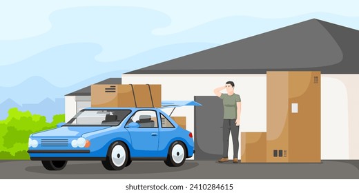 Moving house furniture, delivery service, outdoor package shipping. Family car with box on roof. Shipment between district and neighbourhood. Man near white house. Vector illustration