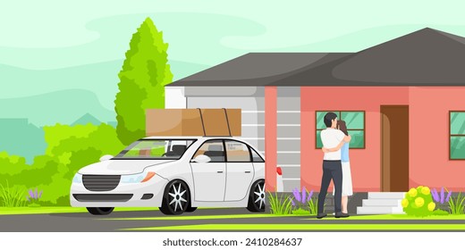 Moving house furniture, delivery service, outdoor package shipping. Family car with box on roof. Shipment between district and neighbourhood. Man near pink house. Vector illustration