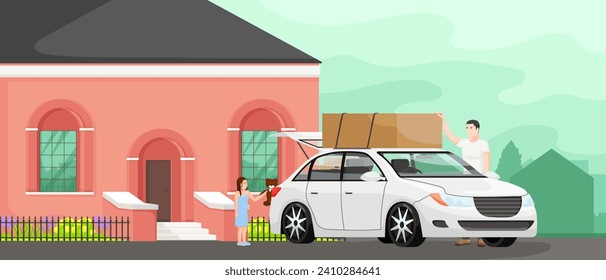 Moving house furniture, delivery service, outdoor package shipping. Family car with box on roof. Shipment between district and neighbourhood. Father and daughter near pink house. Vector illustration