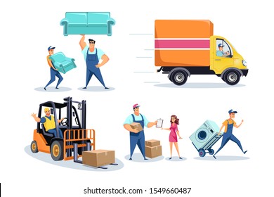 Moving house, furniture delivery workers, people relocating stuff concept. Moving truck with movers in uniform carrying sofa, washing machine and cardboard boxes. Simple flat vector