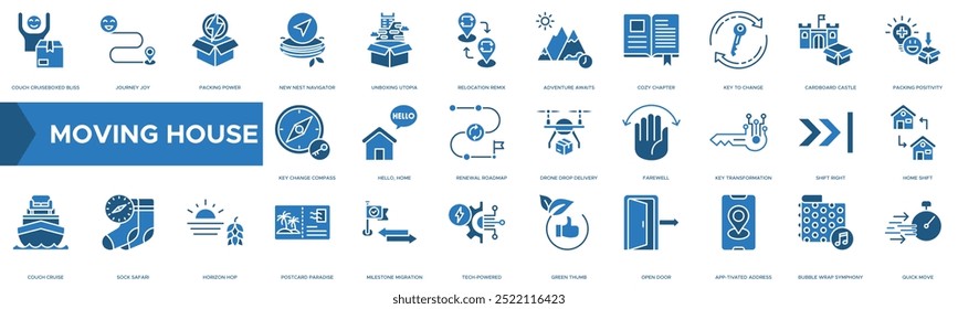 Moving House icon. Couch CruiseBoxed Bliss, Journey Joy, Packing Power, New Nest Navigator and Unboxing Utopia