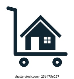 moving house icon design, featuring a house on a cart symbolizing relocation, real estate, or delivery services. Perfect for logistics, housing market, and transportation concepts.
