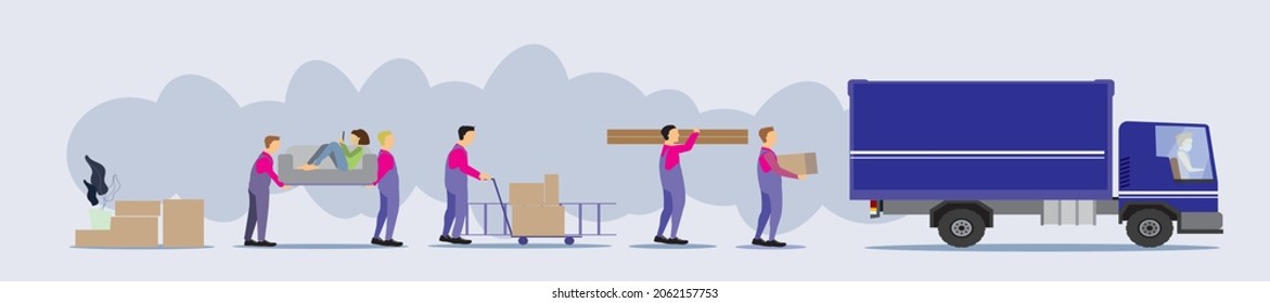 Casa en movimiento. Hombre con cajas de cartón.Ilustración vectorial de estilo plano
