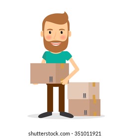Moving house. Man lifting cardboard boxes vector illustration.