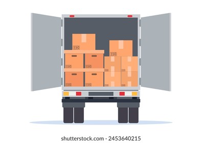 Mudarse de casa. Camión de reparto abierto con cajas de cartón. Express entregando servicios de camión comercial. Entrega rápida y gratuita en coche. Ilustración vectorial en estilo plano