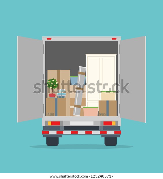 Moving House.\
Open delivery truck with furnitures and cardboard boxes. Isolated\
on blue background. Transport services and freight of goods. Flat\
style, vector illustration.\
