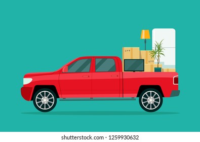 Moving House. Pickup Truck with cardboard boxes and furniture..  Vector flat style illustration