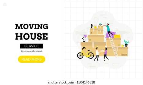 Moving house. Relocation concept. Landing page template. Modern flat  concept for web design. Vector illustration with moving boxes, bicycle, flower pots, lamp, kitchen unensils and people. 