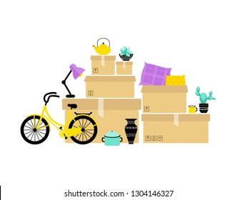 Moving house. Relocation concept. Vector illustration with moving boxes, bicycle, flower pots, lamp and kitchen unensils. 