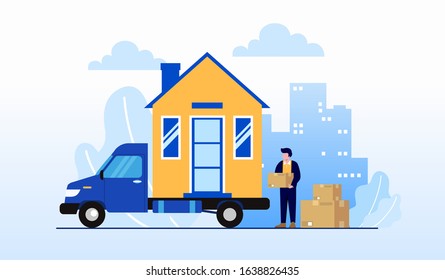 Moving house, relocation, delivery man landing page website illustration flat vector template 