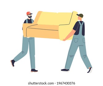 Moving house and relocation service workers carry couch to new home. Loaders at work, workman in uniform unloading furniture concept. Cartoon flat vector illustration