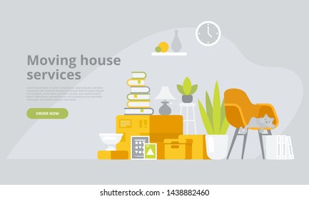 Moving house service. Moving with boxes with various things to new home. Pile of stacked cardboard boxes. Vector stock illustration in flat style isolated on white background