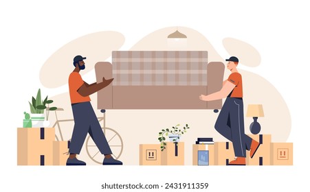 Moving house service concept. Two men in uniform with sofa in hands. Loaders and deliverers with cardboard boxes. Relocation and migration, moving to new home. Cartoon flat vector illustration