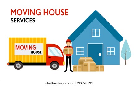 Moving house service concept vector illustration on white background. Delivery man standing with truck and holding cardboard box at customer house. Design for website, banner, poster.