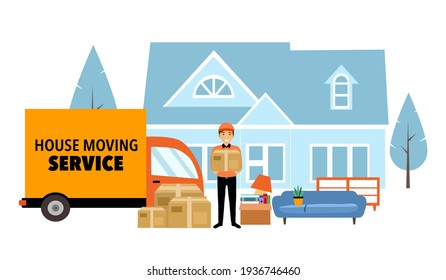 Moving house service concept vector illustration on white background. Delivery man standing with truck and furniture holding cardboard box at customer house.