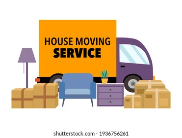 Moving House Service Concept Vector Illustration On White Background. Delivery Truck, Furniture And Cardboard Box In Flat Design.