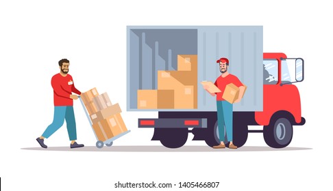 Moving house service flat vector illustration. Post office workers loading cardboard boxes into truck. Deliverymen planning parcels shipment isolated cartoon character on white background