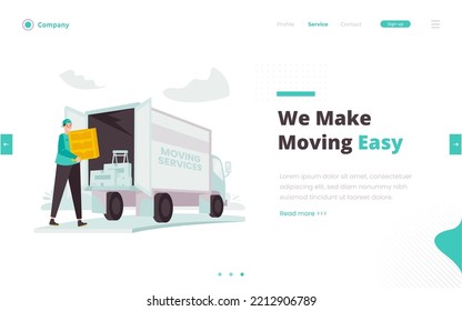 Moving house service illustration with truck transportation on web banner design