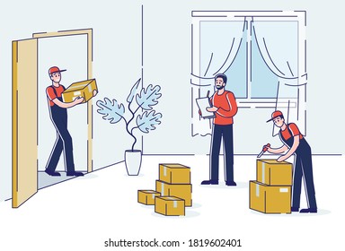 Moving house service with loaders carrying cardboard boxes to living room. Apartment relocation, delivery and shipment concept. Cartoon linear vector illustration