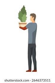 Moving house service. Mover or delivery worker carrying boxes and furniture. Moving house, people packing things. Supplies logistic transportation. Cartoon vector illustration