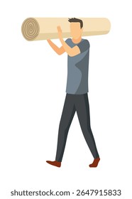 Serviço de mudança de casa. Trabalhador de mudanças ou entregas, carregando caixas e móveis. Mudando de casa, pessoas fazendo as malas. Fornece transporte logístico. Ilustração de vetor de desenhos animados