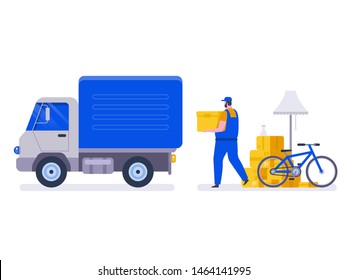 Moving house service. Moving with sofa and various boxes to new home. Pile of stacked cardboard boxes. Vector stock illustration in flat style.