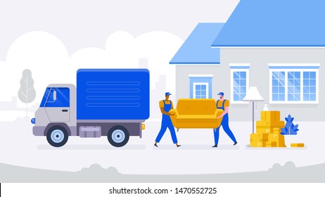 Moving house service. Moving with sofa and various boxes to new home. Pile of stacked cardboard boxes. Vector stock illustration in flat style.