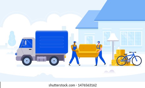 Moving house service. Moving with sofa and various boxes to new home. Pile of stacked cardboard boxes. Vector stock illustration in flat style.