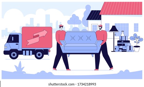 Moving house service. Moving with sofa and various boxes to new home. Pile of stacked cardboard boxes. Vector stock illustration in flat style.