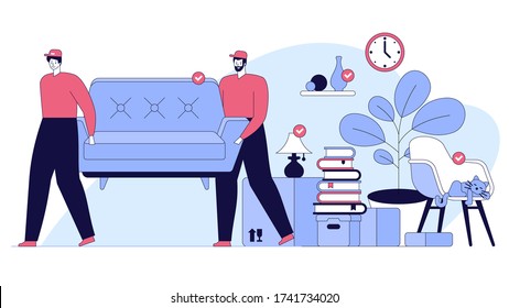 Moving house service. Moving with sofa and various boxes to new home. Pile of stacked cardboard boxes. Vector stock illustration in flat style.