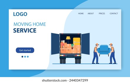 Moving house service. Moving with sofa and various boxes to new home. Delivery service concept. Delivery truck with a bunch of boxes. Landing page concept. Vector illustration in flat style