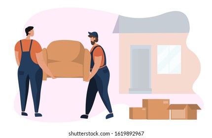 Moving house service. Two workers moving and carrying armchair. Service for transporting things and objects. Moving boxes in new house. Сardboard boxes оn the floor. House on the background.