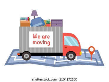 Moving House Service.  We Are Moving Concept Vector Illustration On White Background. Delivery Truck, Furniture And Cardboard Box On Map In Flat Design.